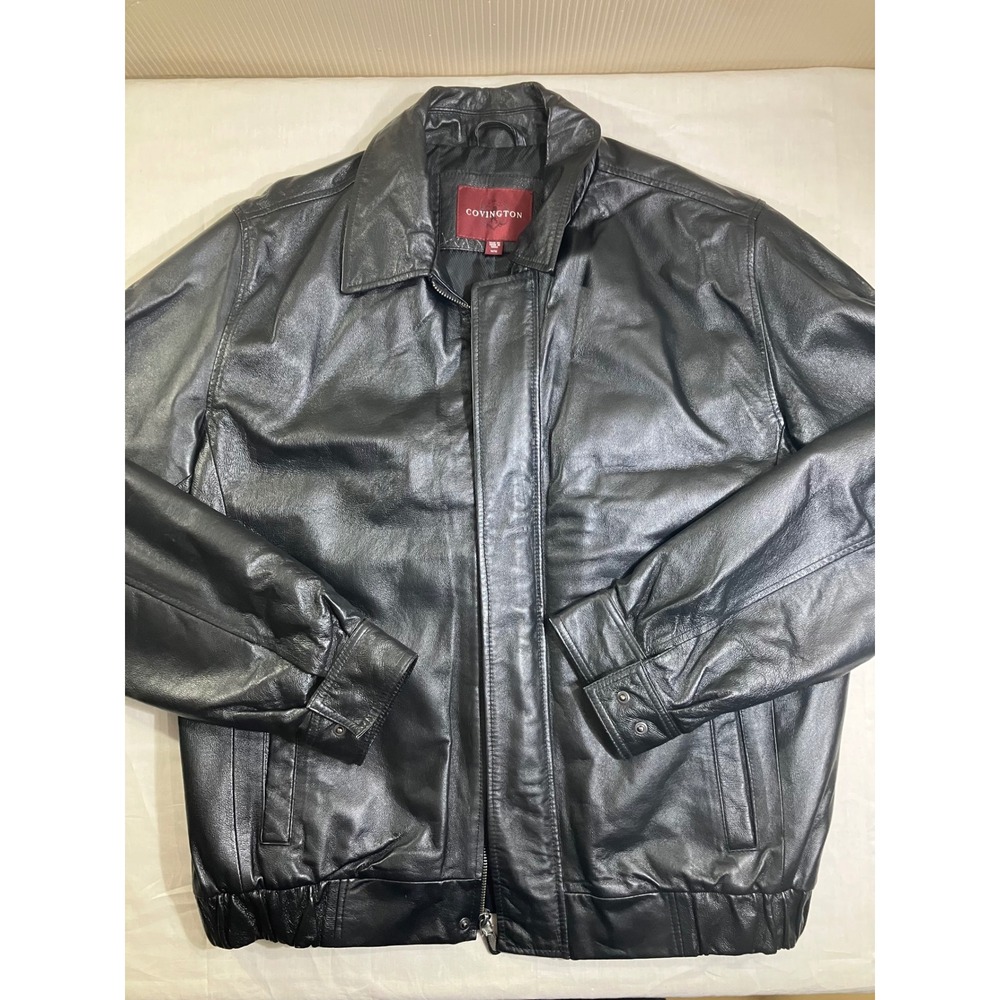 Covington Mens Genuine Leather Bomber Jacket Black Size Medium Full Zip Pockets